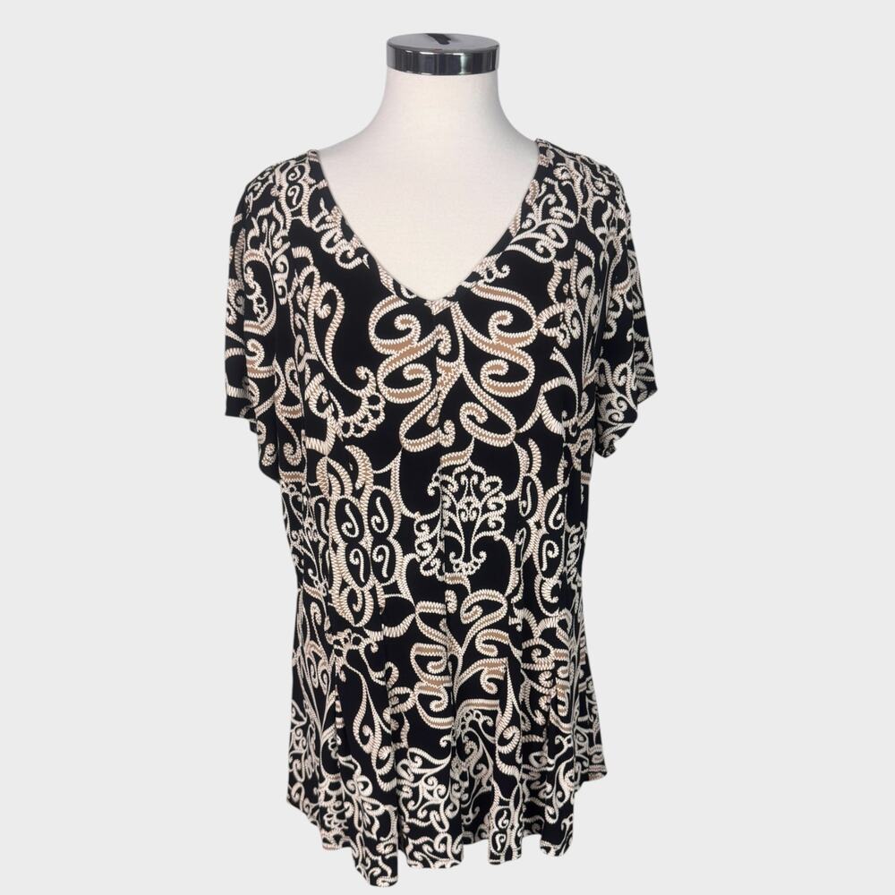 Sami & Jo Plus Size 2X V Neck Short Sleeve Flowy Black Tan Polyester Top
